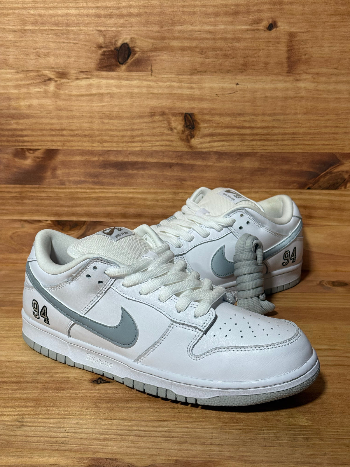Nike SB Dunk Low Supreme 94 White Metallic Silver - Size 10