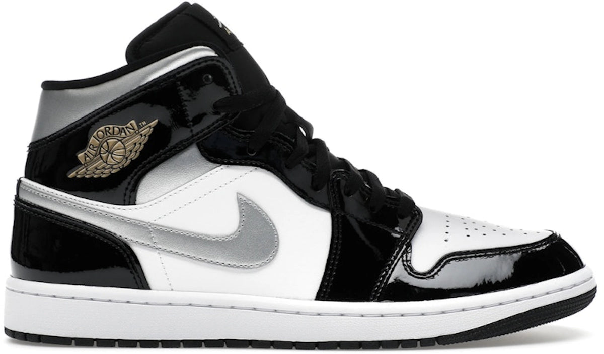 Jordan 1 Mid SE Patent Black White Metallic Silver Metallic Gold