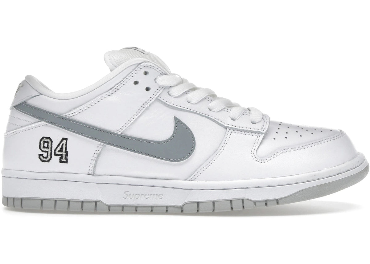 Nike SB Dunk Low Supreme 94 White Metallic Silver - Size 10