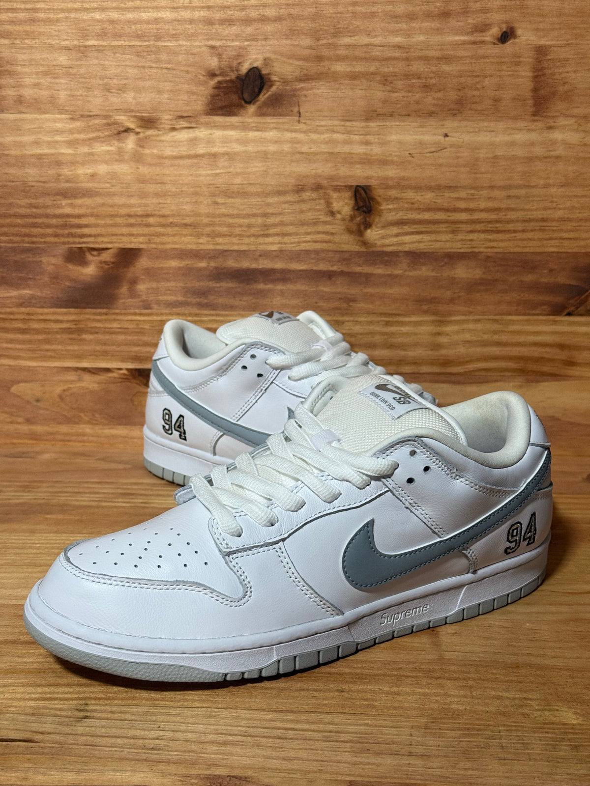 Nike SB Dunk Low Supreme 94 White Metallic Silver - Size 10