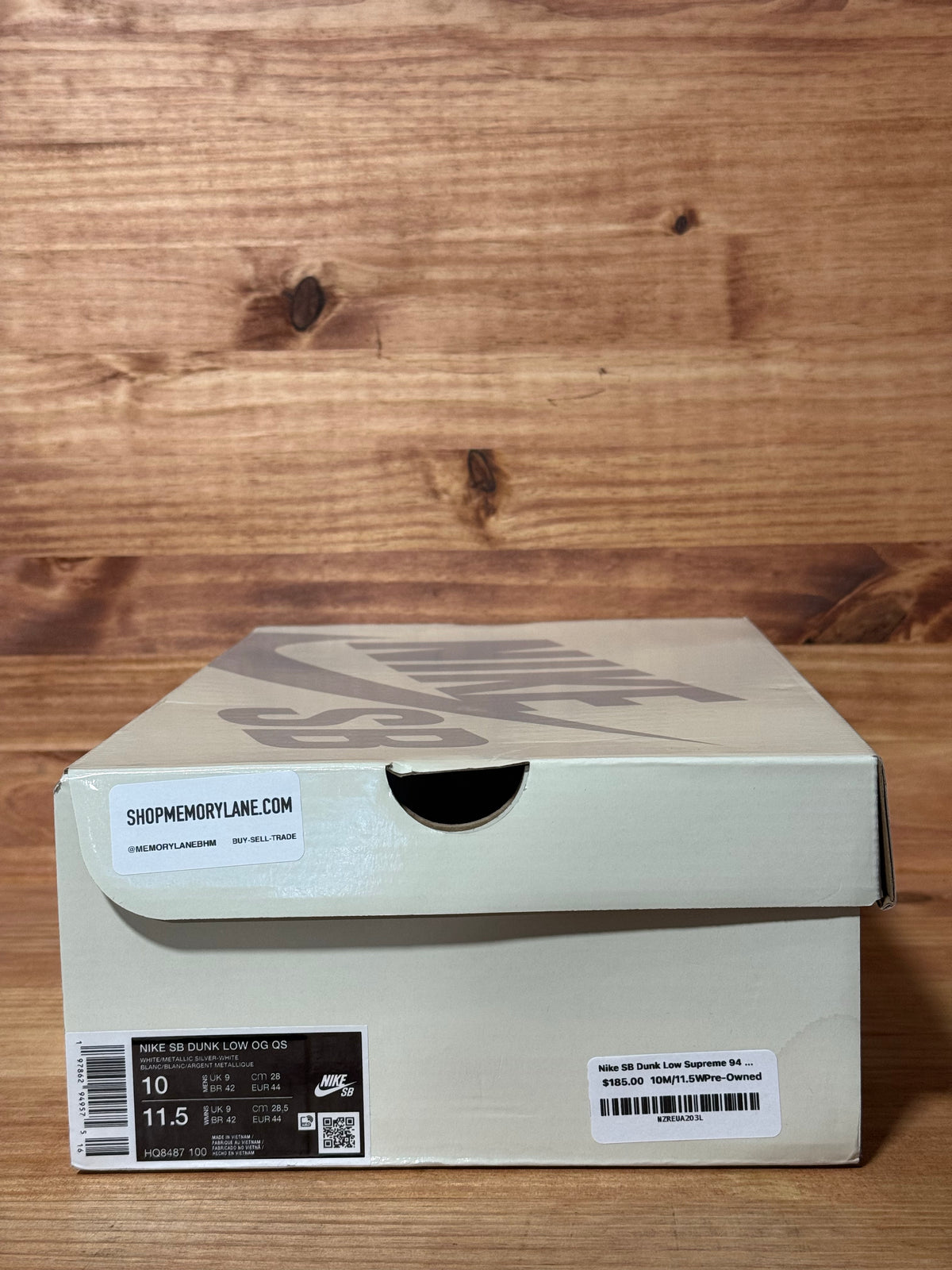 Nike SB Dunk Low Supreme 94 White Metallic Silver - Size 10