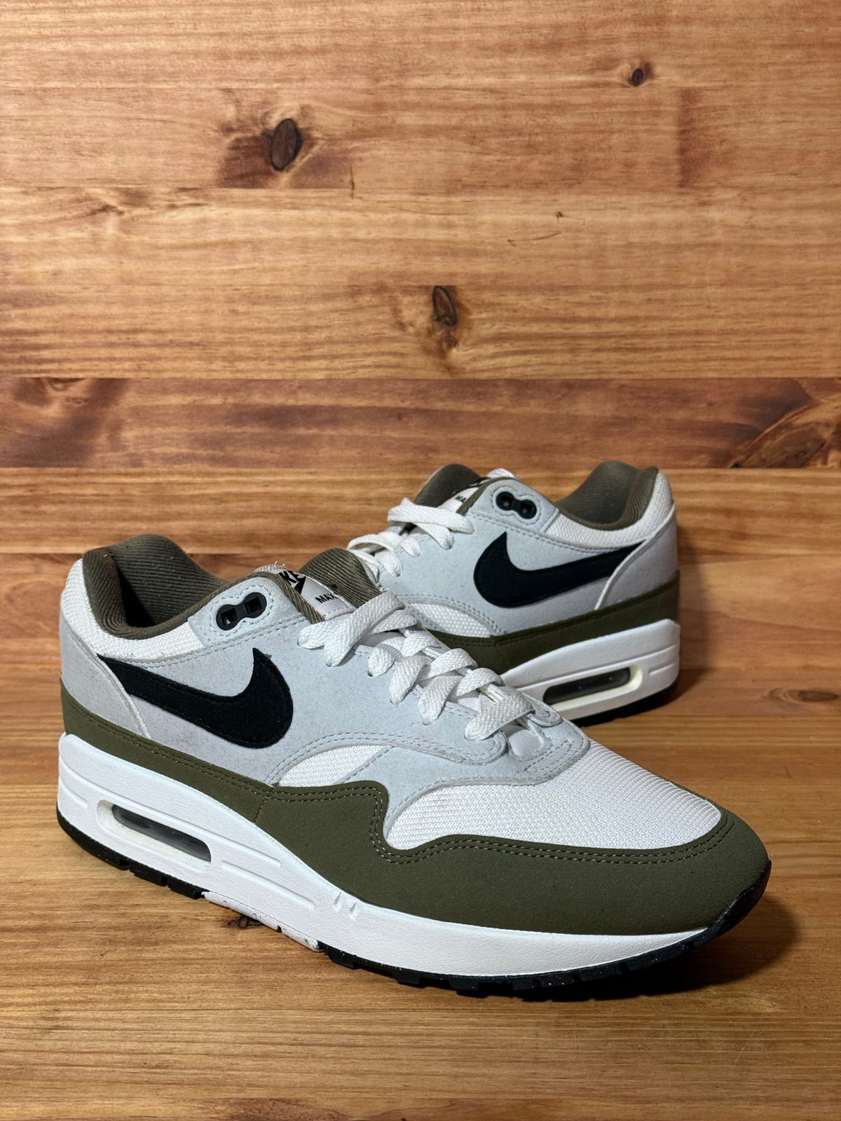 Nike Air Max 1 White Black Medium Olive - Size 9.5